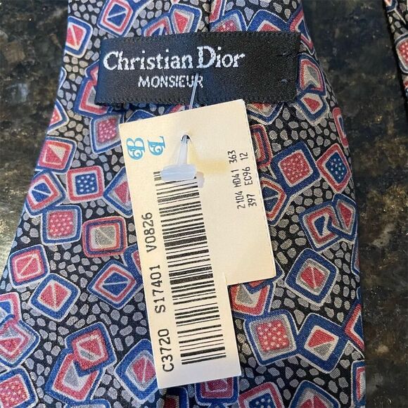 Christian Dior Monsieur Other - Vintage, Luxury Christian Dior Monsieur Men's Tie Silver Blue Geometric Pattern